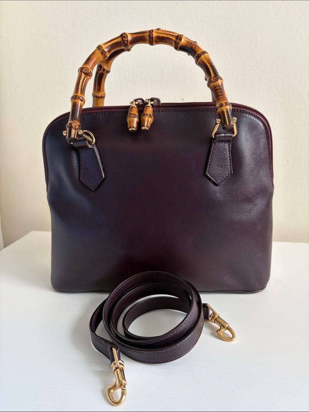 Vintage GUCCI Diana Bamboo Handle Bag w shoulder strap in Burgundy